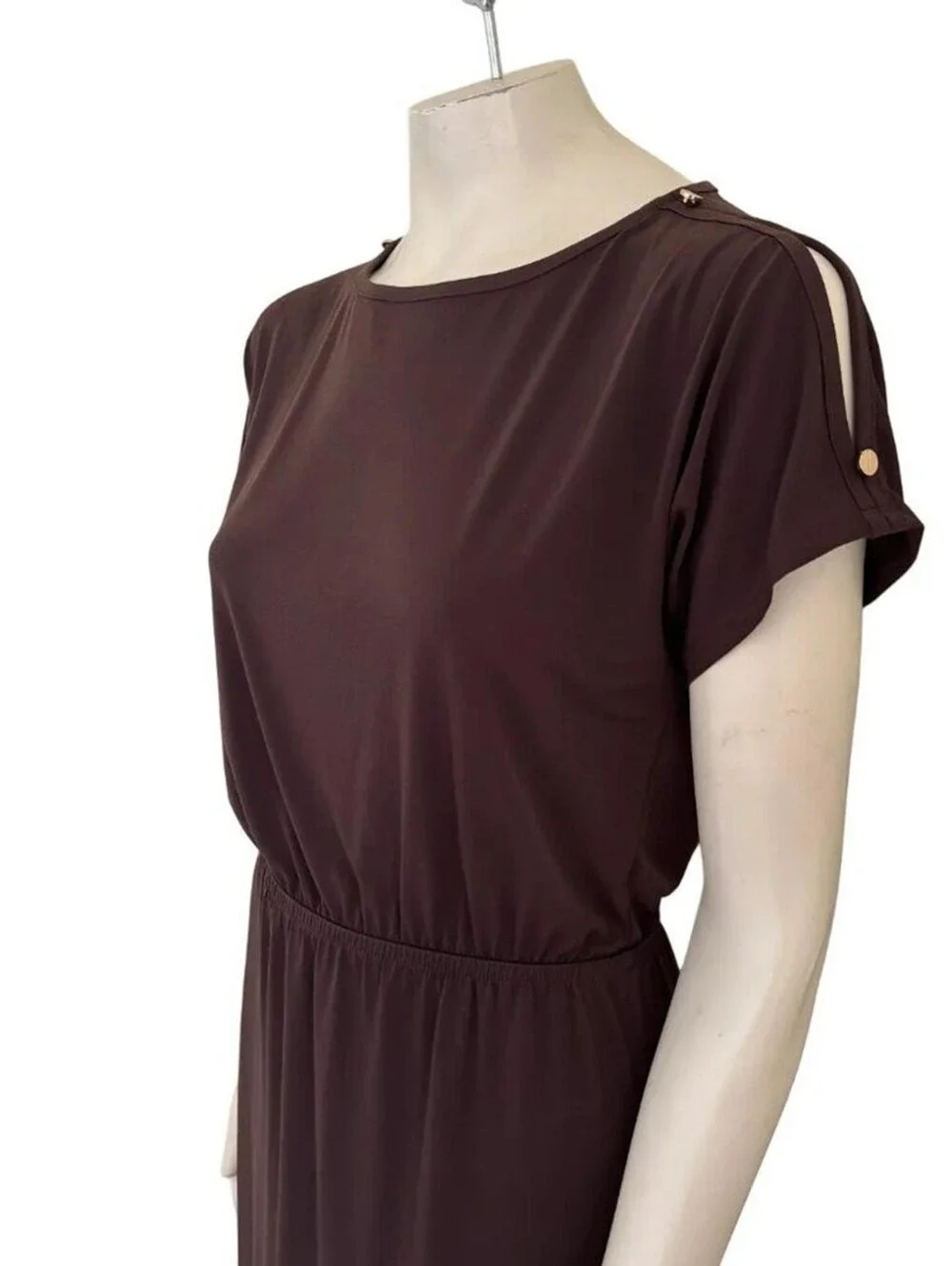 CHICO'S Francine Split Slv Maxi DRESS SOLID ROCKLEDGE BROWN- 1 (M/8)